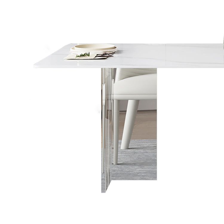 Mesa de comedor rectangular moderna, mesa de comedor de piedra sinterizada blanca con base acrílica para cocina