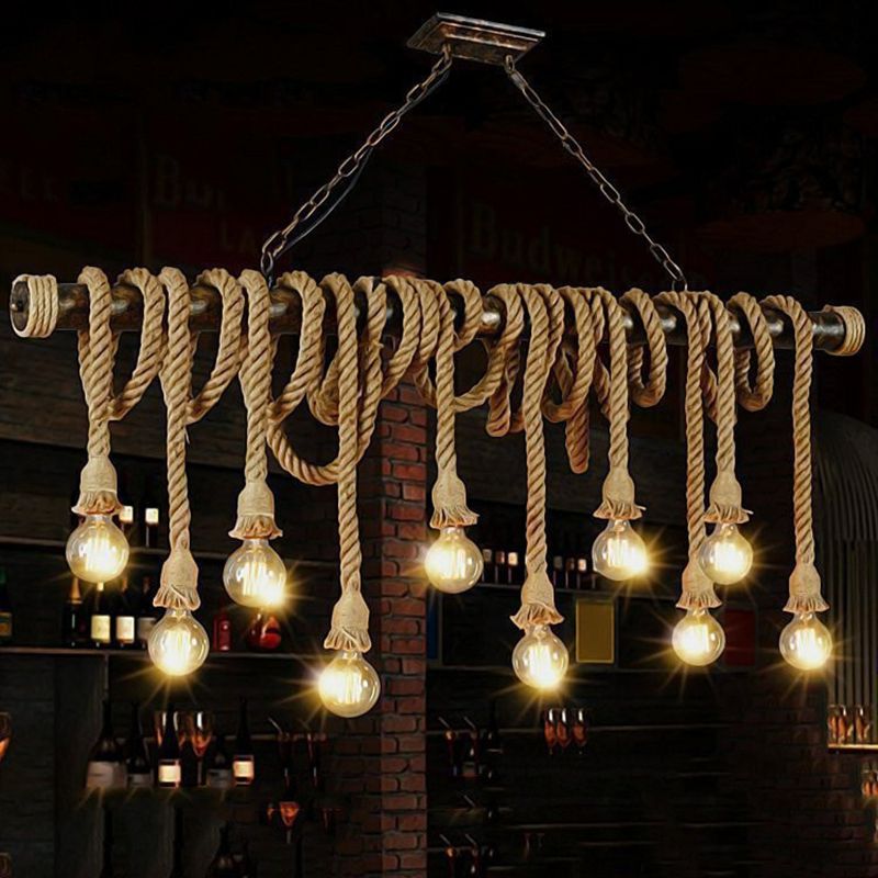 Natural Rope Light-Brown Island Lamp Bare-Bulb Design Industrial Suspension Light Fixture