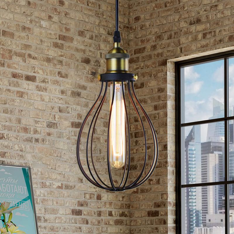 Metallic Black/Brass Pendant Ceiling Light Wire Cage 1 Light Vintage Industrial Ceiling Light with Bulb Shade