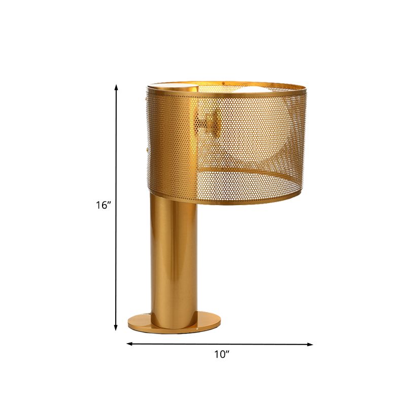 Metal Drum Mesh Night Table Light Post Modern 1 Head Desk Lamp in Gold with Orb Opal Glass Shade