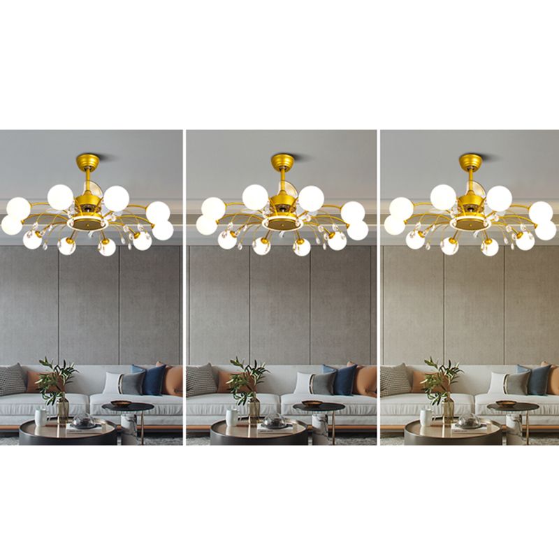 3 Blades Ball Wohnzimmer Anhänger Lüfter Leicht weißes Glas Postmoderne Fernbedienung Halbblütiglicht mit K9 -Kristallen