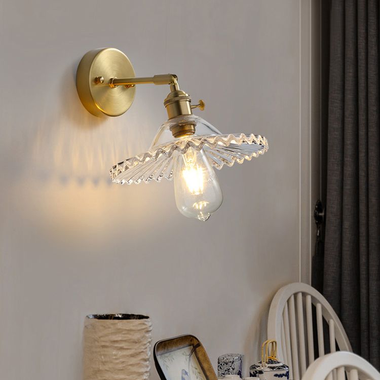 Brass Contemporary Armed Wall Mounted Light Fixture 1-Light Glass Sconce Light for Bedroom