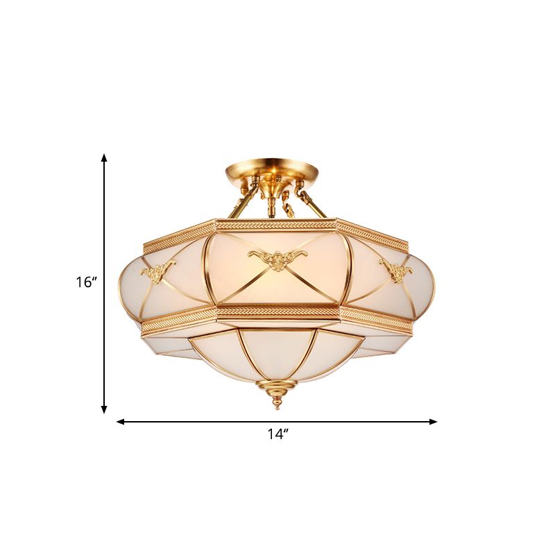 Hat Semi Flush Light Colonial Opal Glass 6 Heads Brass Ceiling Mounted Fixture for Living Room, 16"/18"/21.5" Wide