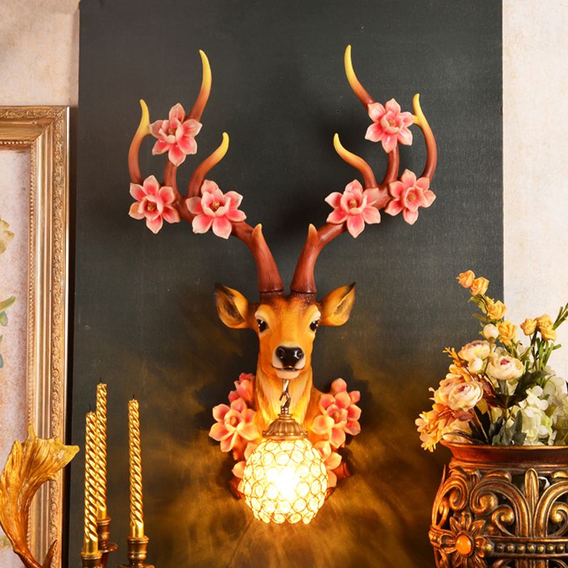 1 Light Resin Wall Lighting Country Red/Yellow Orb Indoor Sconce Light Fixture with Crystal Shade