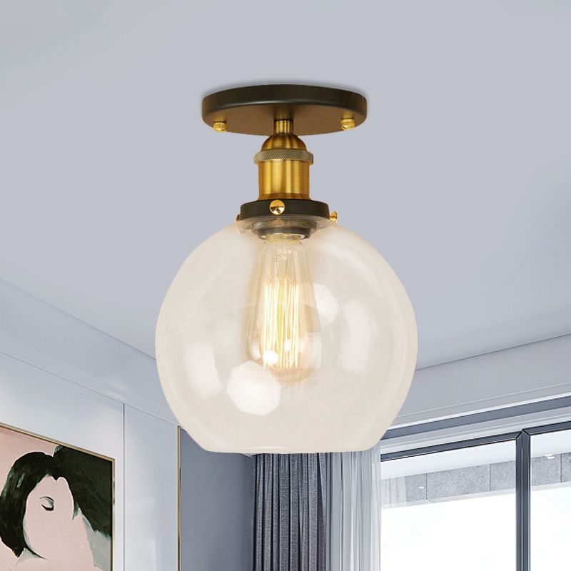 Plafonnier sphérique semi-affleurant industriel en verre transparent, une lumière, noir/laiton/cuivre, pour balcon