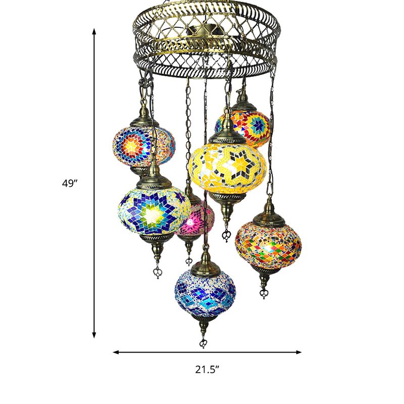 7 têtes de salon lustre lustre antique bronze d'éclairage en suspension avec une teinte en verre colorée sphérique