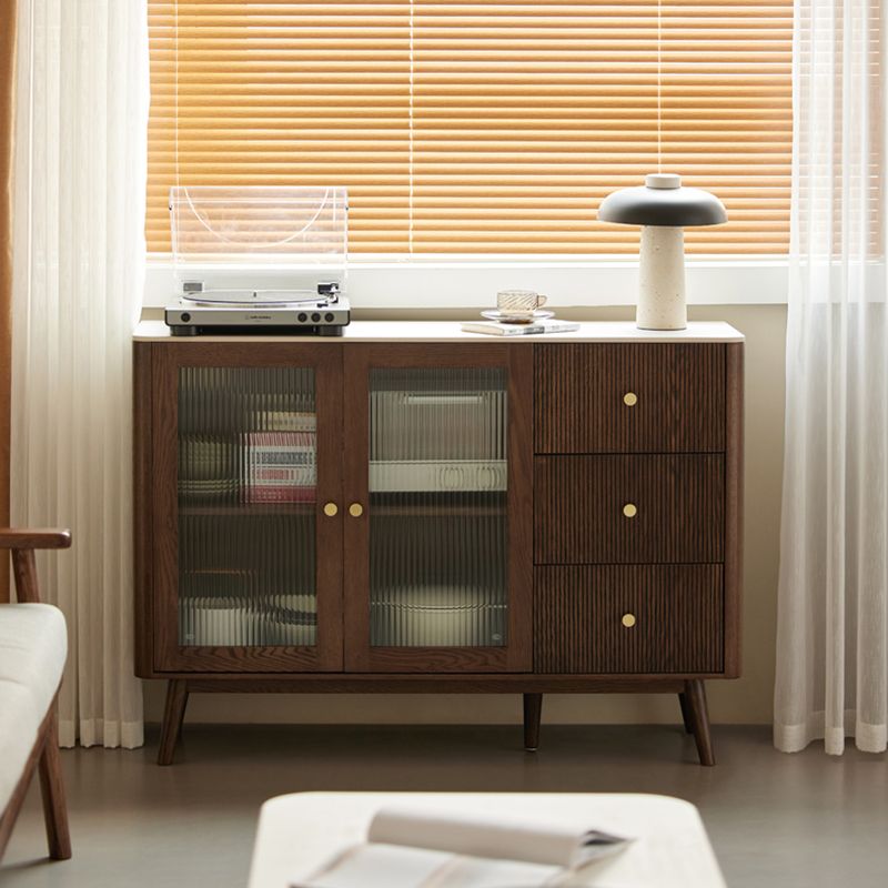 Cherry Wood Sideboard Modern Stone Top with Glass Door in Espresso