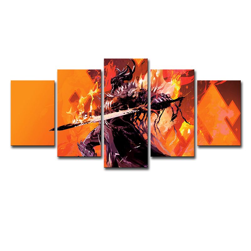 Guild War Game Character Art Print Orange Canvas Wall Decor for Room, Multi-Piece