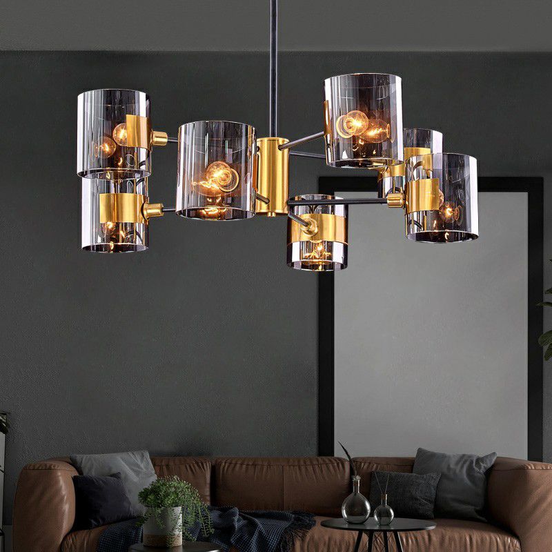 Smoke Grey Glass Cylinder Chandelier Minimalistic Black-Brass Ceiling Pendant Light for Dining Room