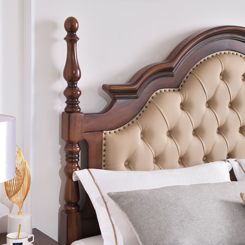 Brown Wood King Bed Tufted Nailhead Upholstered Bed Frame with Headboard