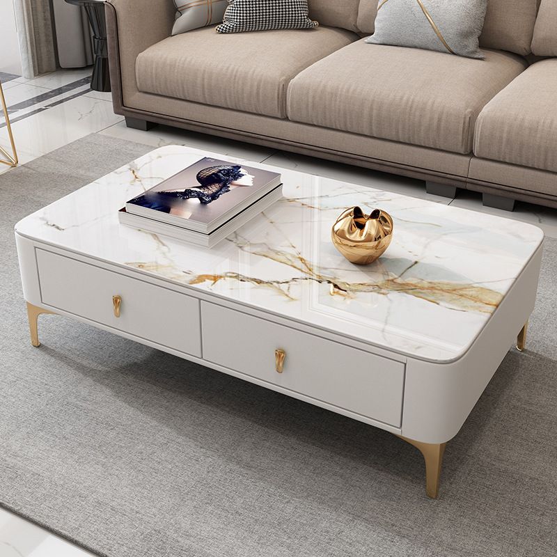 Modern Rectangular Stone Coffee Cocktail Table with Drawers, 47.2" W x 23.6" D x 15.7" H