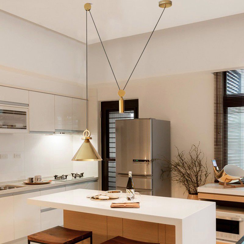 Conic Drop Pendant Modernist Metal 1-Light Kitchen Pulley Ceiling Suspension Lamp in Brass