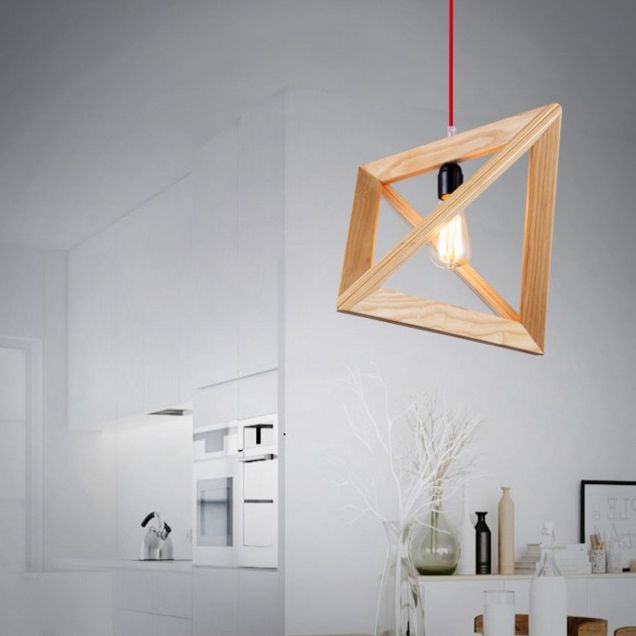 Beige houten driehoek hangende licht lichte Noordse moderne stijl 1 lichte restaurant plafond hanglamp
