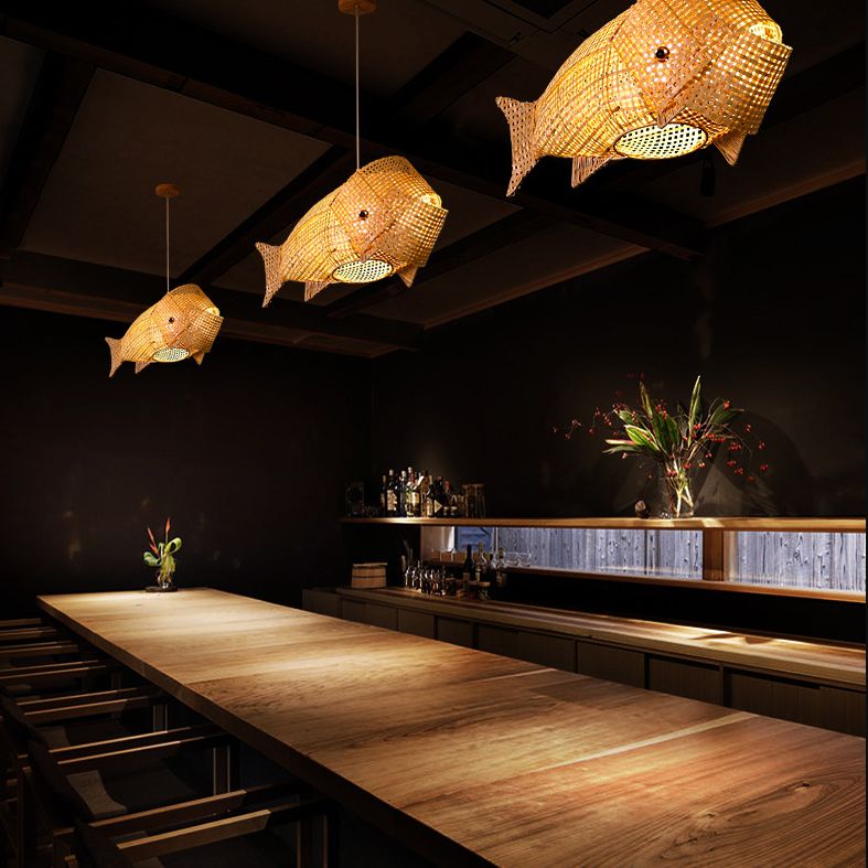 27.5" Wide Japanese Style Carp Hanging Light Bamboo Weaving Creative 1-Light Pendant for Restaurant