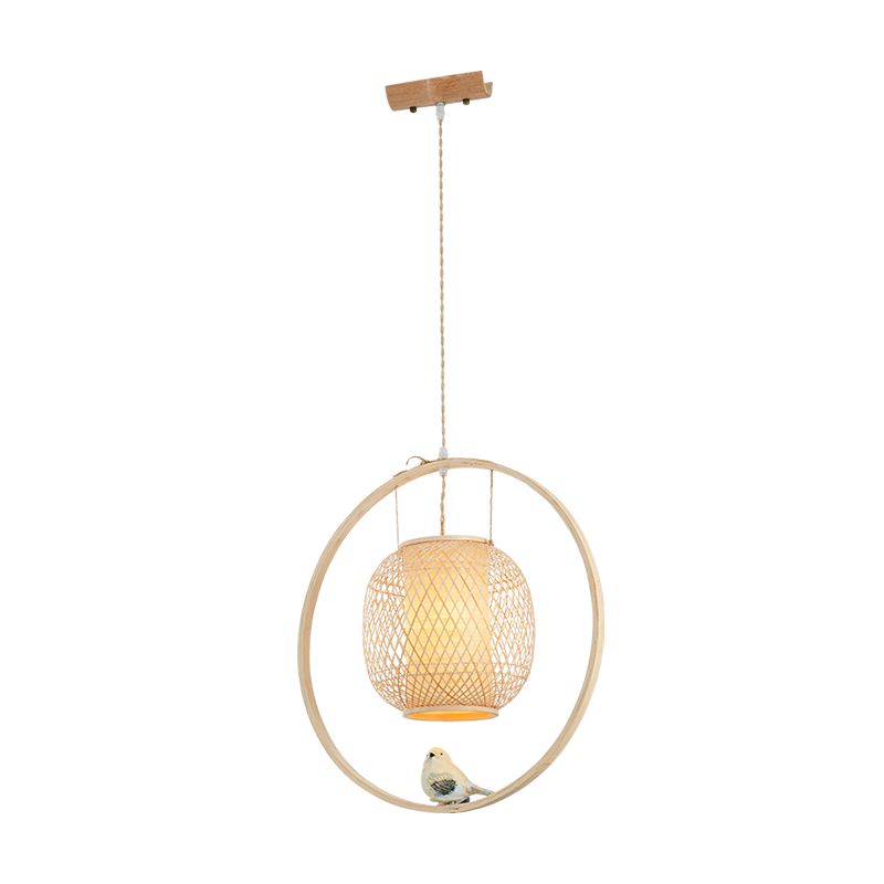 Modern Globe Bamboo Ceiling Light 1 Light Hanging Lamp Kit in Beige with Bird Deco