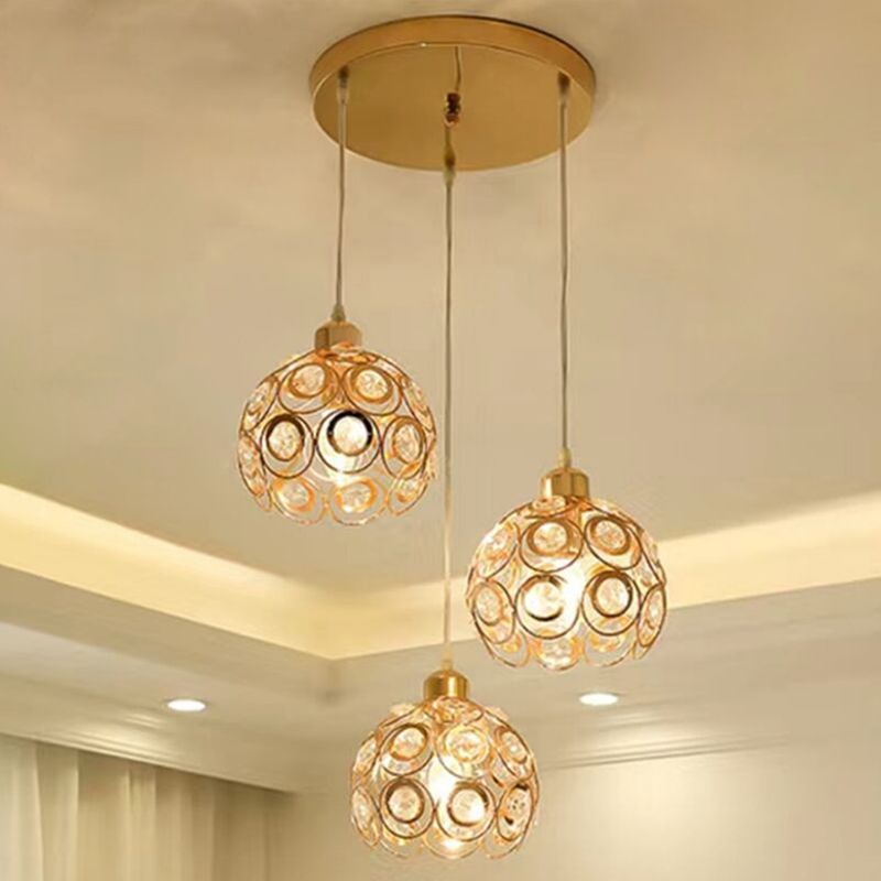 Round Crystal Suspension Light Fixture Contemporary 3-Light Gold Finish Multiple Hanging Light