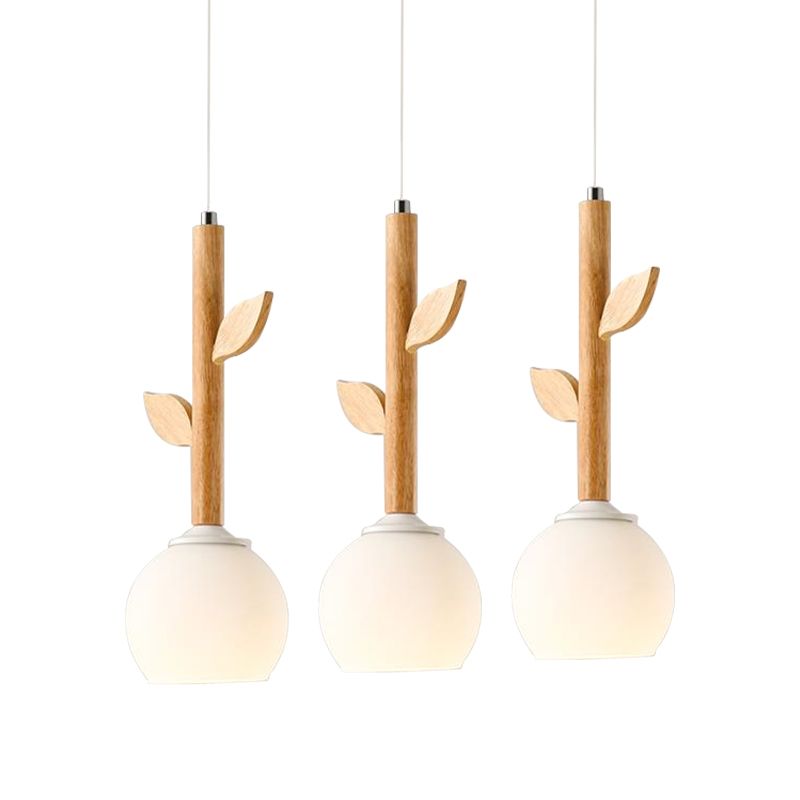 Rustic Style White Pendant Lamp Flower Shape 3 Lights Glass Ceiling Pendant with Wood Leaf for Kitchen