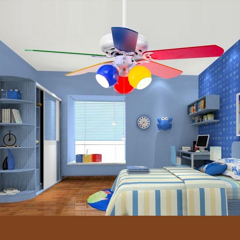 Multicolored Glass Dome Shade Hanging Fan Lamp Macaron 3-Light Red-Yellow-Blue Semi Flush Light