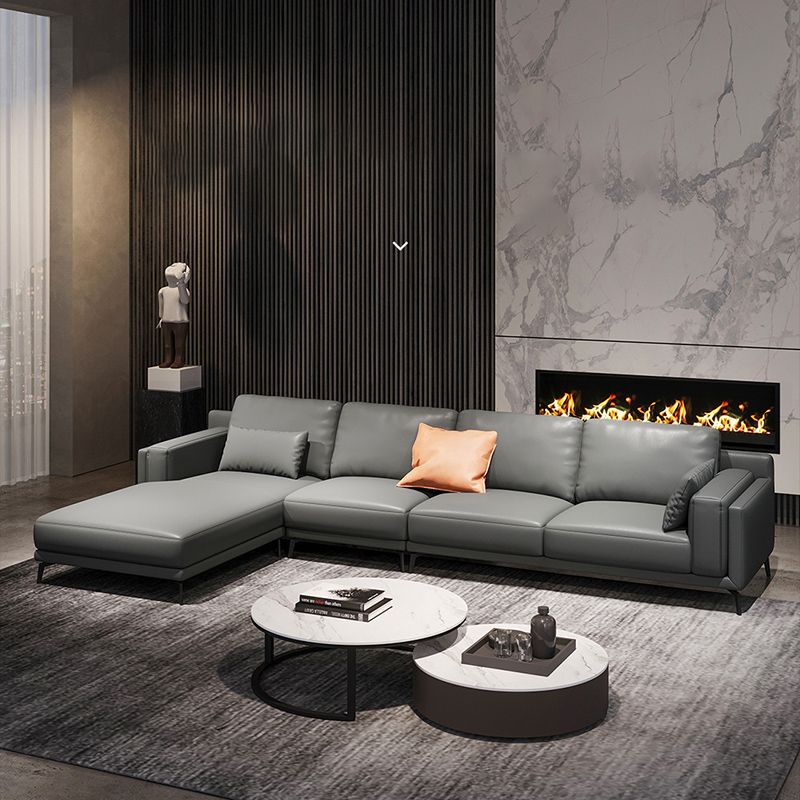 Square Arm Grey Pillowed Back Cushions Splayed Wooden Legs Sofa