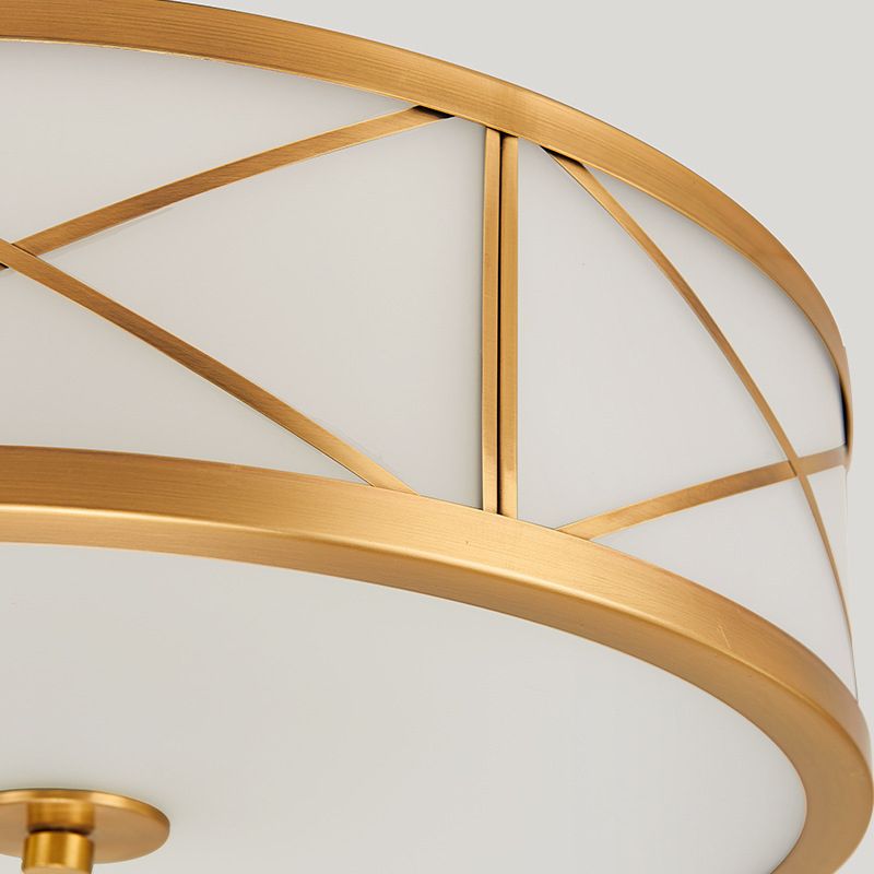 Plafonnier en verre blanc givré, plafonnier de chambre à coucher en forme de tambour en laiton colonial