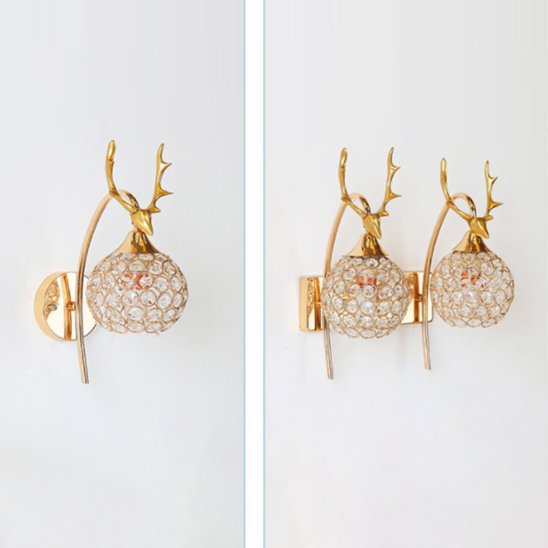 Gold Deer Head Wall Lamp Fixture Minimalist Metal Sconce Light with Ball Crystal Shade