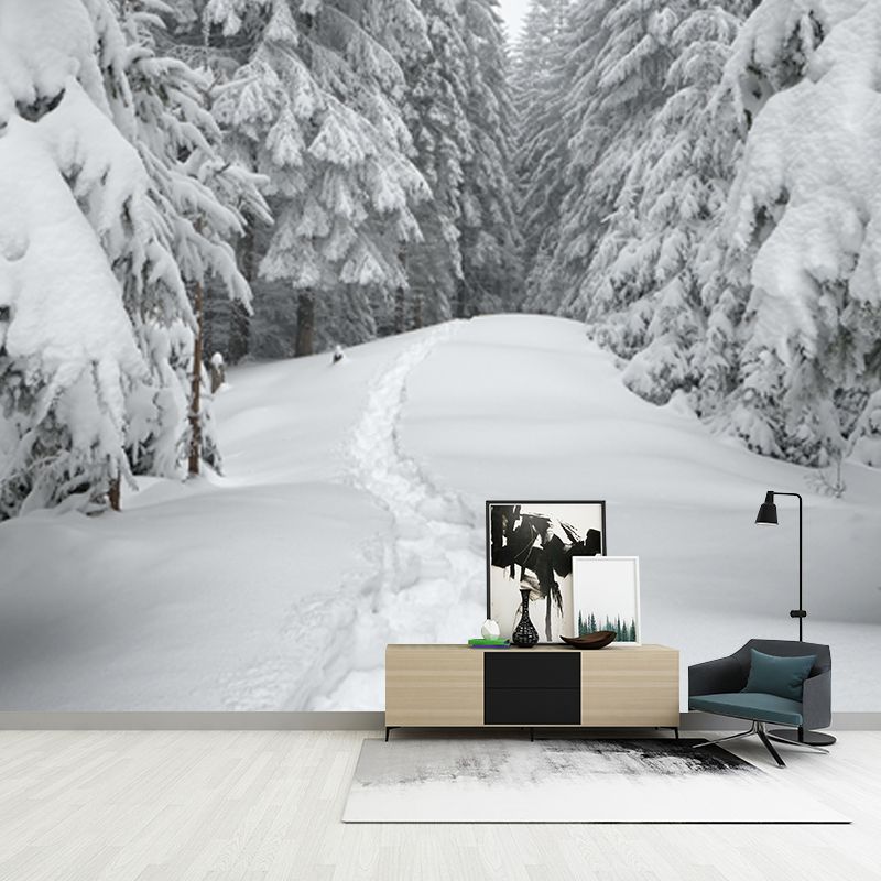 Smooth Whole White Mural Modern Road Across Snowy Cypress Wall Covering, Custom Size