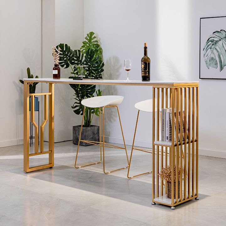 Faux Marble Bistro Table 2-shelf Rectangle Bar Height Cocktail Table with Metal Base