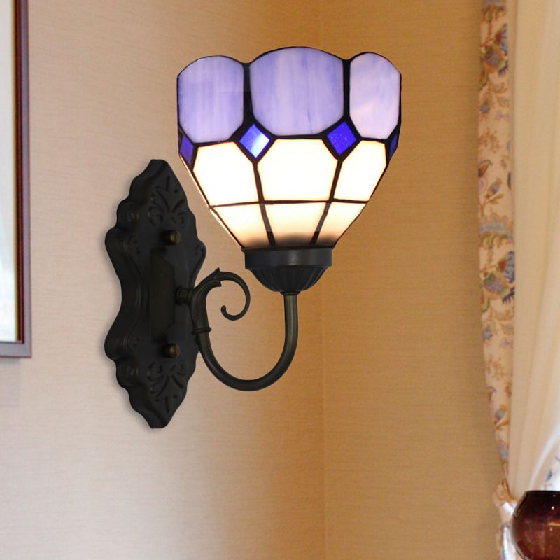 Grid Patterned Sconce Light Fixture Tiffany Green/Blue Glass 1 Head Black Wall Mounted Lamp