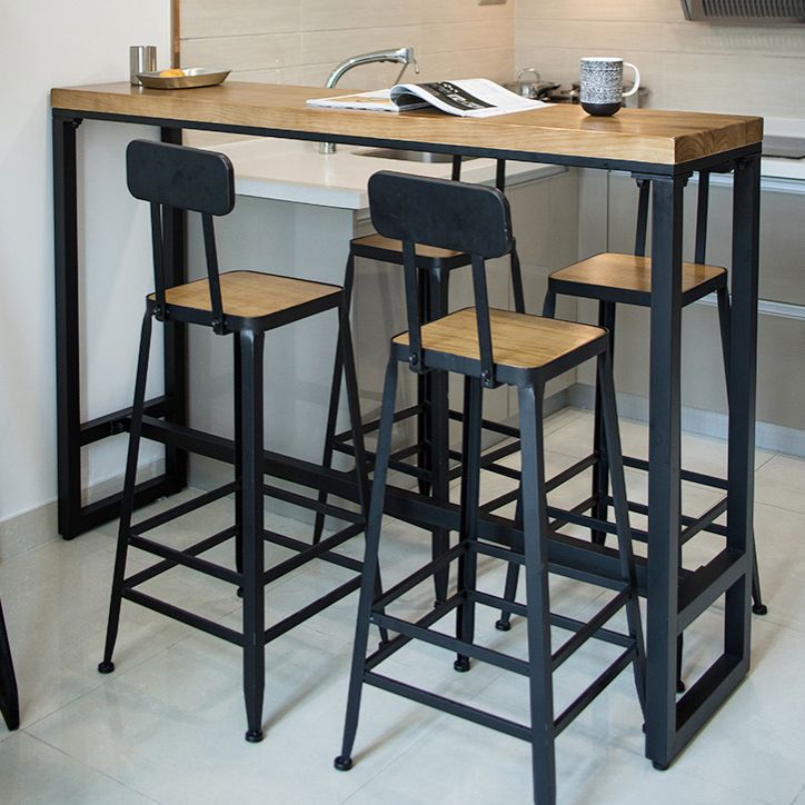 Modern Rectangle Bar Dining Table Wood Trestle Bar Height Pub Table with Iron Base