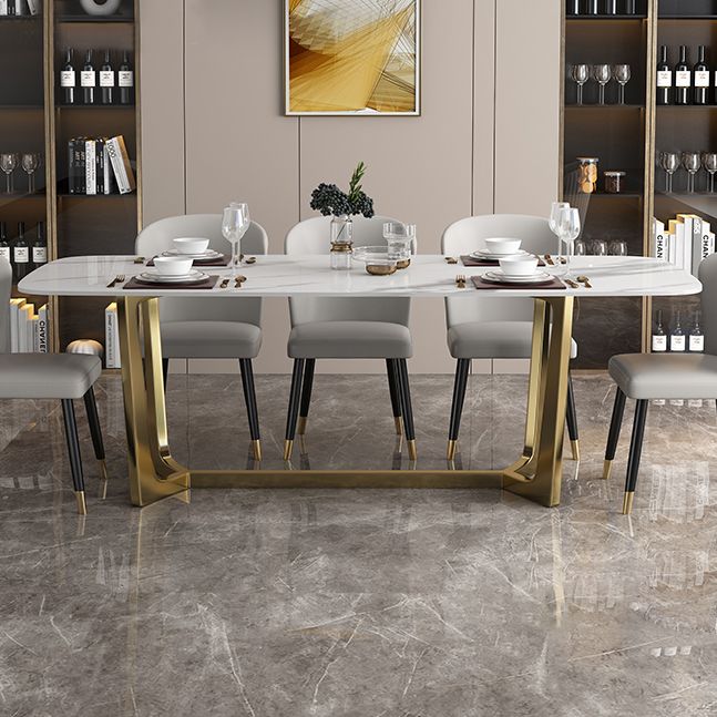 Luxury Sintered Stone Dining Table Rectangle Table with Metal Trestle Base