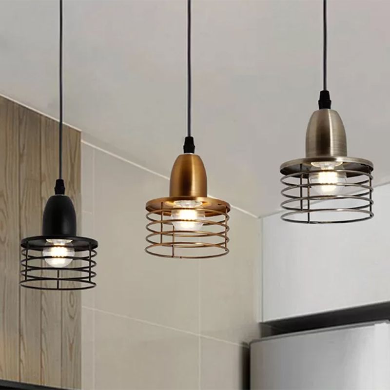 1 éclairage à tambour léger avec nuance à cage de fil industriel rétro noir / bronze plafond en métal pendentif pour la cuisine