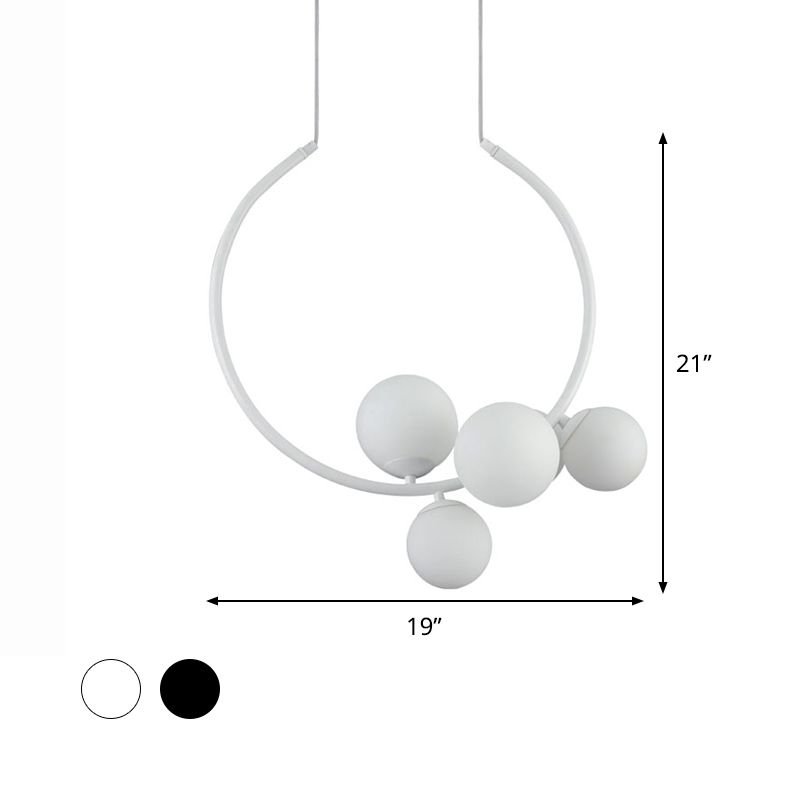 Black/White Open Circle Chandelier Lamp Modern Stylish 5 Heads Iron Pendant Lighting with Bubble Milk Glass Shade