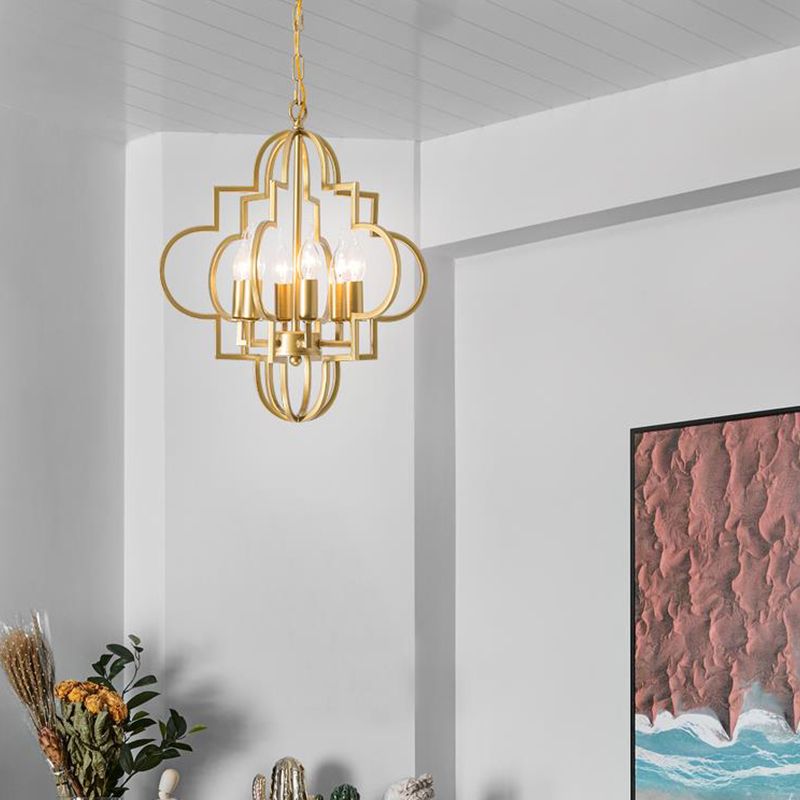 Metal Gold Pendant Lamp Candle Shade 6 Lights Classic Chandelier Light Fixture for Bedroom
