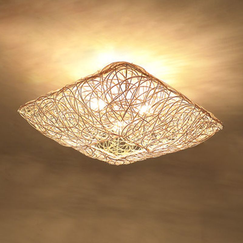 Asian Square Flush Mount Lighting 3-Light Rattan Flush Mount Ceiling Lights for Living Room