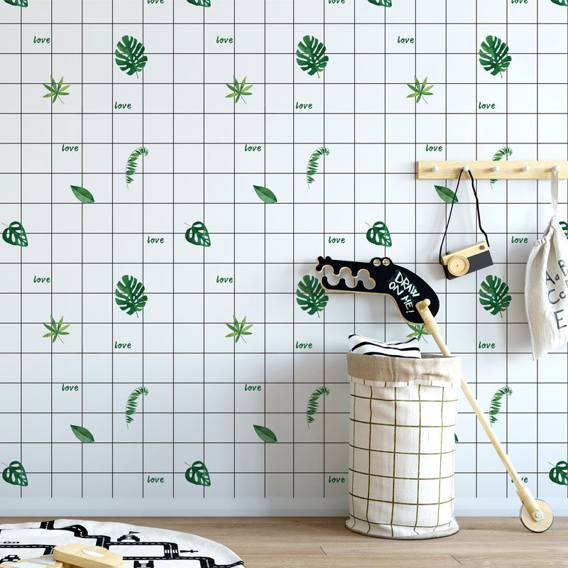 Simplicity Wall Covering Soft Green Leaves and Grid Wallpaper, 32.3 sq ft., Easy to Remove
