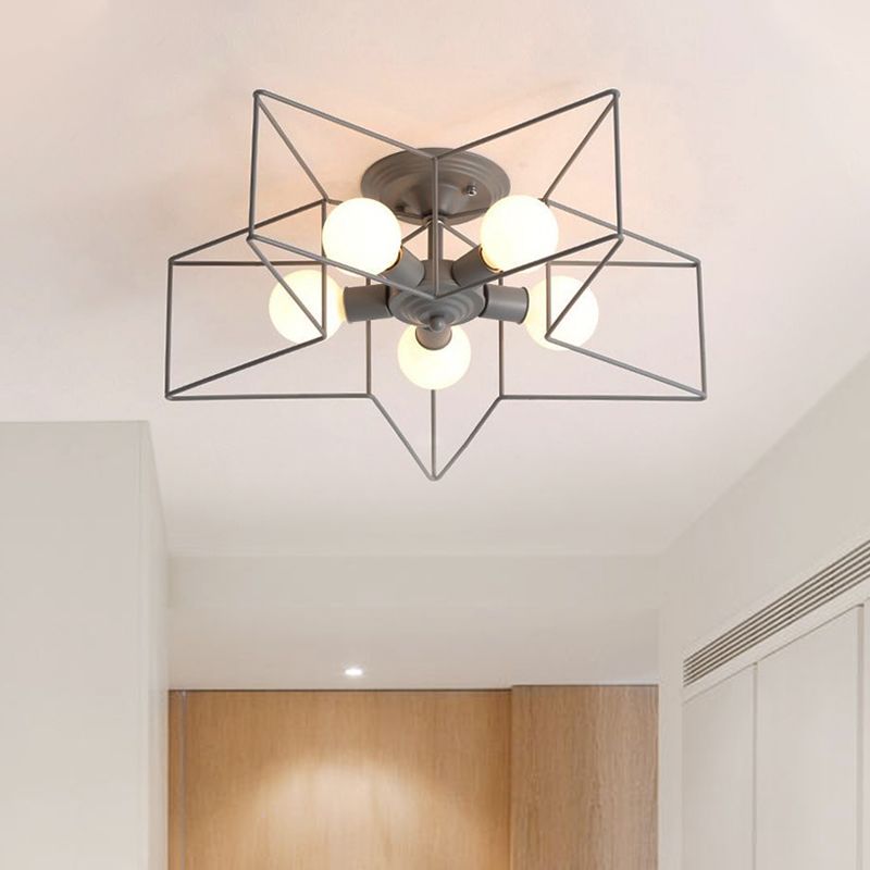 5 Bulbs Semi-Flush Ceiling Fixture with Star Cage Shade Metallic Loft Stylish Indoor Semi Flush Light in Grey/Pink