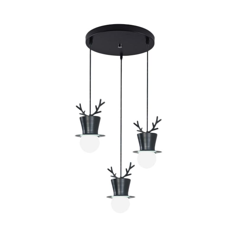 Black Tall Hat Cluster Pendant Nordic Style 3 Bulbs Iron Hanging Ceiling Light with Antler Decor, Round/Linear Canopy