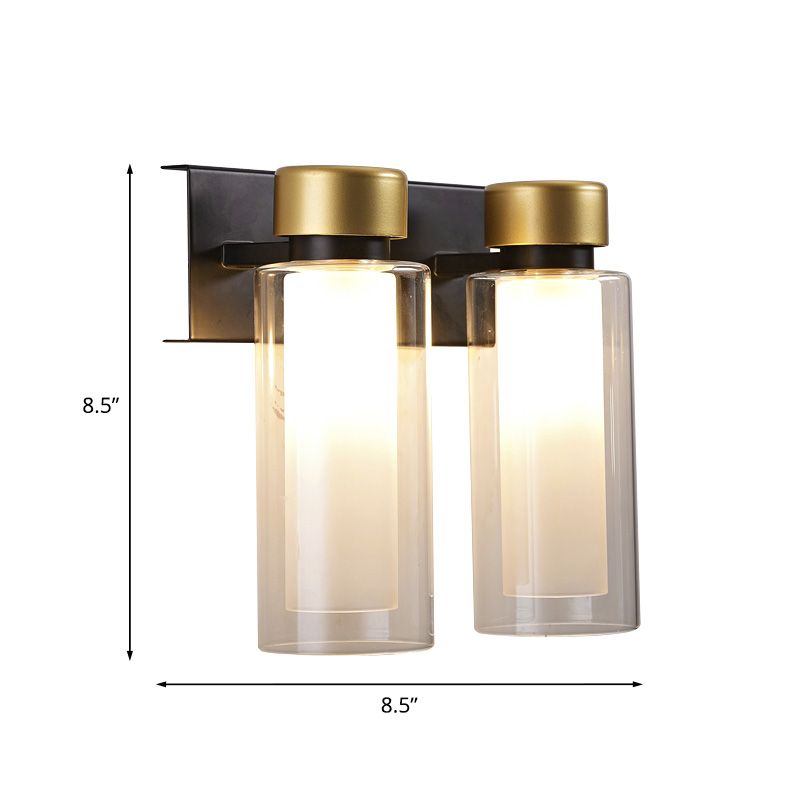 Brass Dual Cylinder Sconce Light Fixture Post-Modern 2 Bulbs Clear Glass LED Wall Mount Lamp
