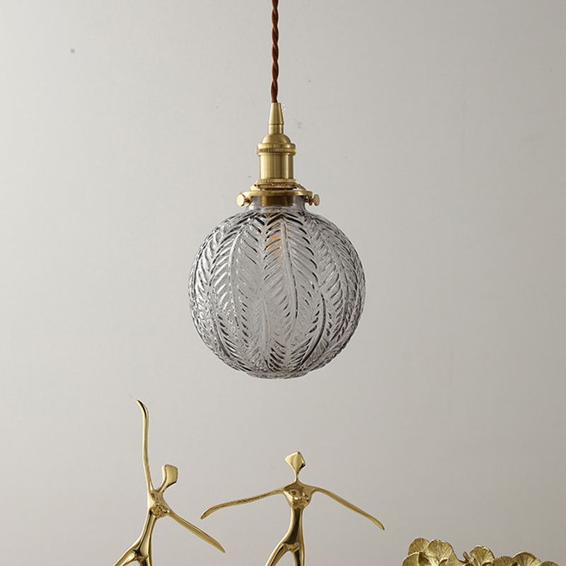 1 Head Spherical Pendant Light Kit Warehouse Brass Finish Clear Textured Glass Hanging Lamp Kit