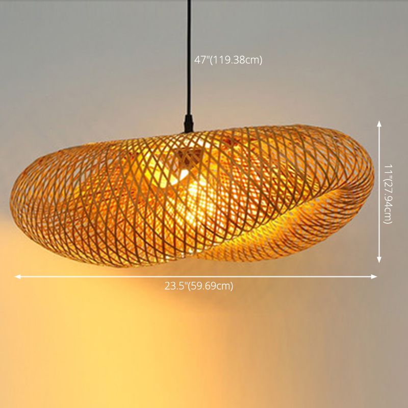 Straw Hat Shaped Bamboo Weaving Suspension Lamp Asian Style Single Bulb Hanging Light with 47" Adjustable Hanging Wire