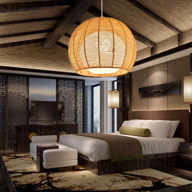 Asian Style Hand-weaving Lighting Fixture Double Rattan Shade Simplicity Globe Hanging Light for Bedroom Balcony