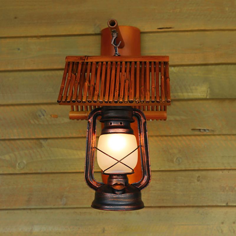 Copper 1 Light Wall Light Fixture Warehouse Frosted Glass Kerosene Sconce Lamp with Bamboo Roof Deco