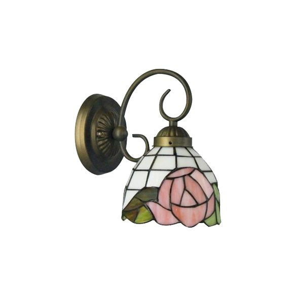 1 Head Sconce Light Victorian Dome Stained Glass Wall Light Fixture with Pink Rose Pattern