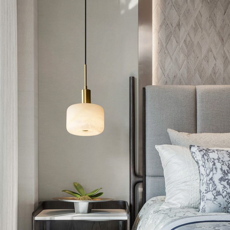 Shaded Bedroom Suspension Pendant Light Stone Modern Style Hanging Light Fixture in White