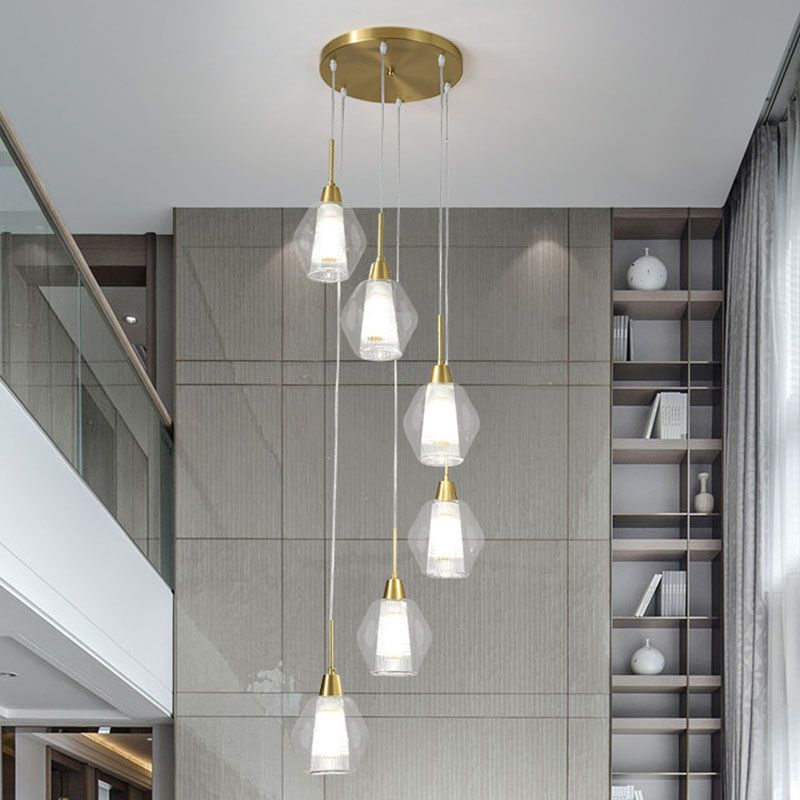 Duidelijke met de hand geblazen glazen gearceerde multi -plafondlamp Noordse stijl gouden suspensieverlichting voor trap
