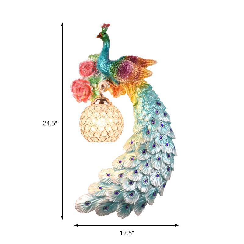 1/2-Pack Blue/Green Peacock Wall Light Fixture 8"/10" Wide 1 Head Retro Style Resin Wall Lamp with Crystal Global Shade, Left/Right