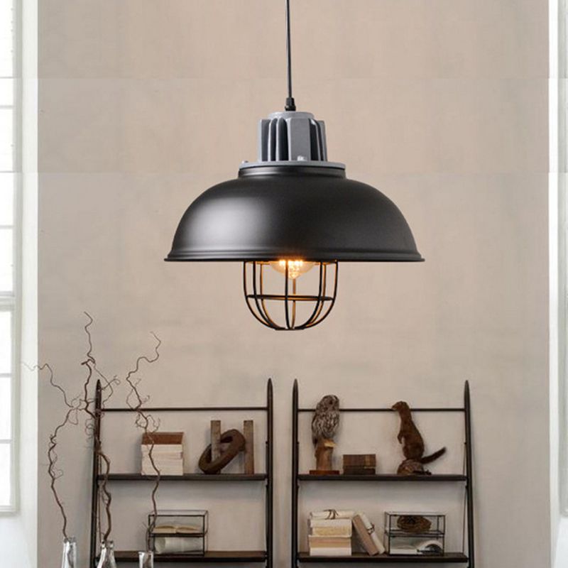 White/Black 1-Bulb Pendant Light Factory Iron Bowl Shape Ceiling Suspension Lamp with Wire Cage Frame