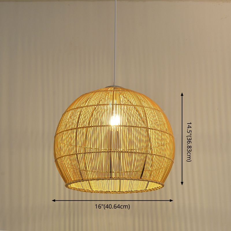 Beige Asia Pendulum Light Dome Rattan 1-Light Hanging Ceiling Light for Dining Room