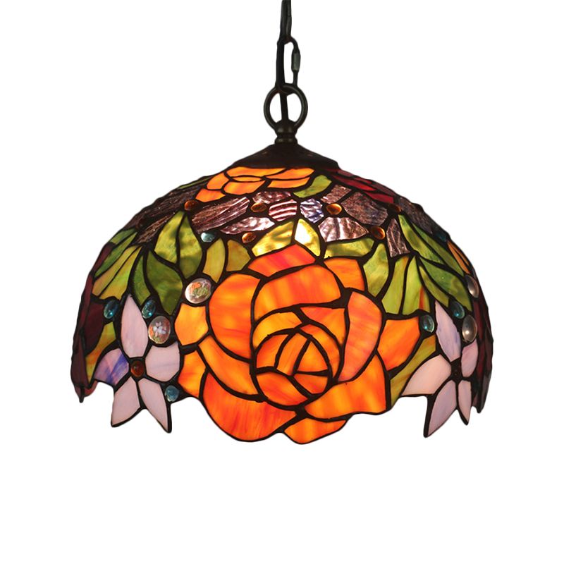 Dome Shade Cut Glass Pendant Lamp Victorian 1-Light Yellow Finish Hanging Ceiling Light with Blossom Pattern