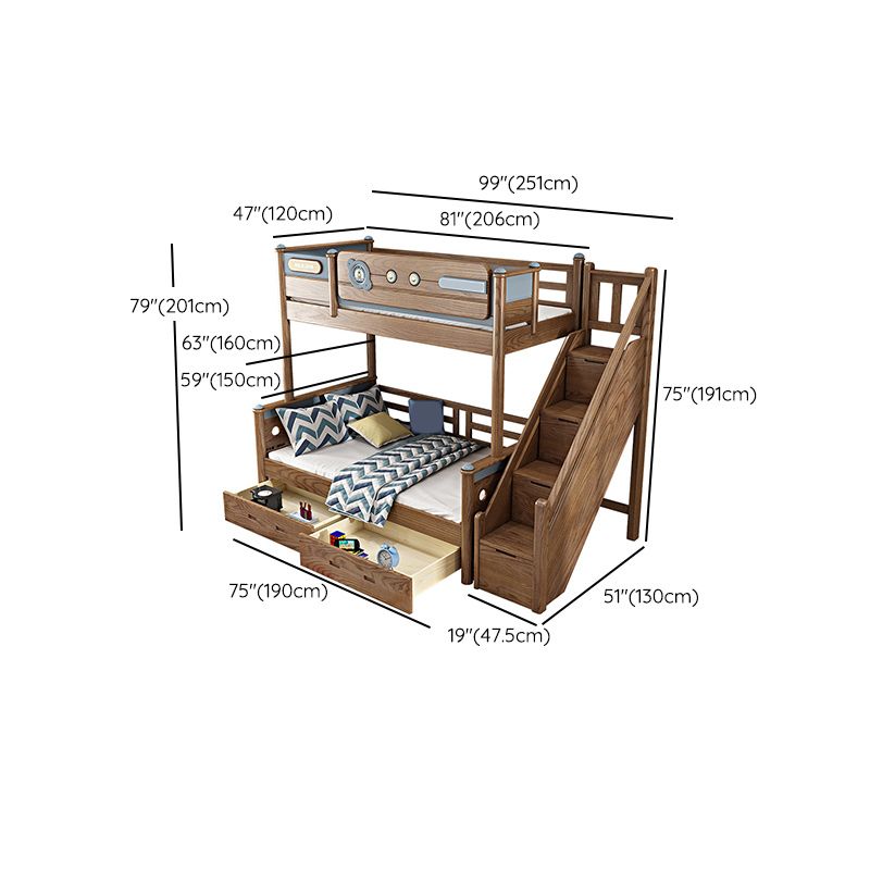 Brown Ash Standard Bunk Bed Solid Wood Scandinavian Bed with Guardrail